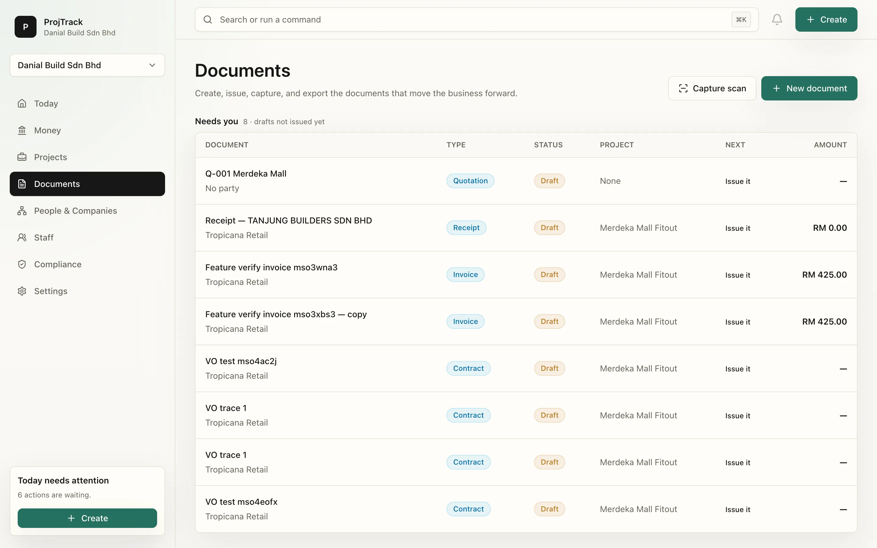 The Documents library in ProjTrack: quotation Q-001, the issued invoice, the receipt from Tanjung Builders and more