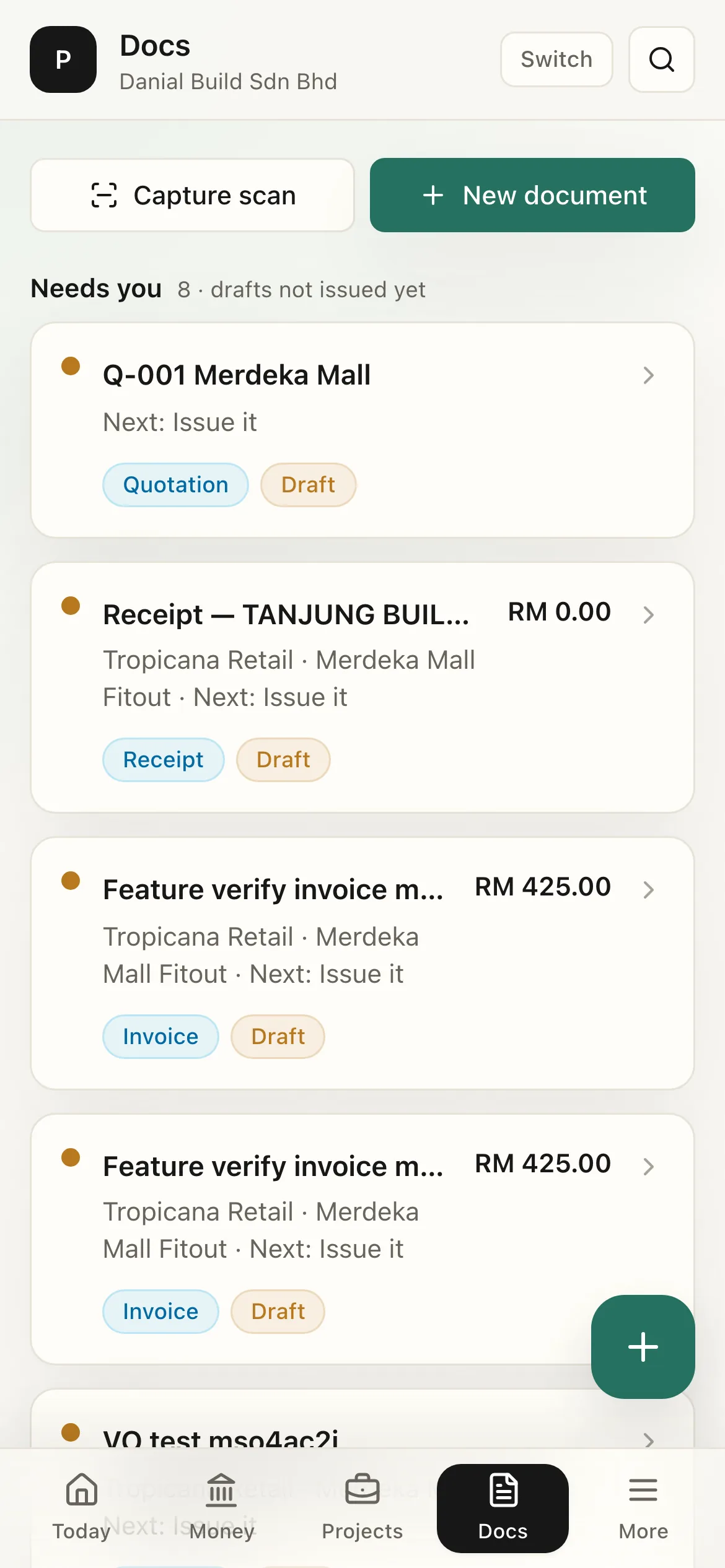 The Documents library on a phone, with the new-document and capture actions one tap away