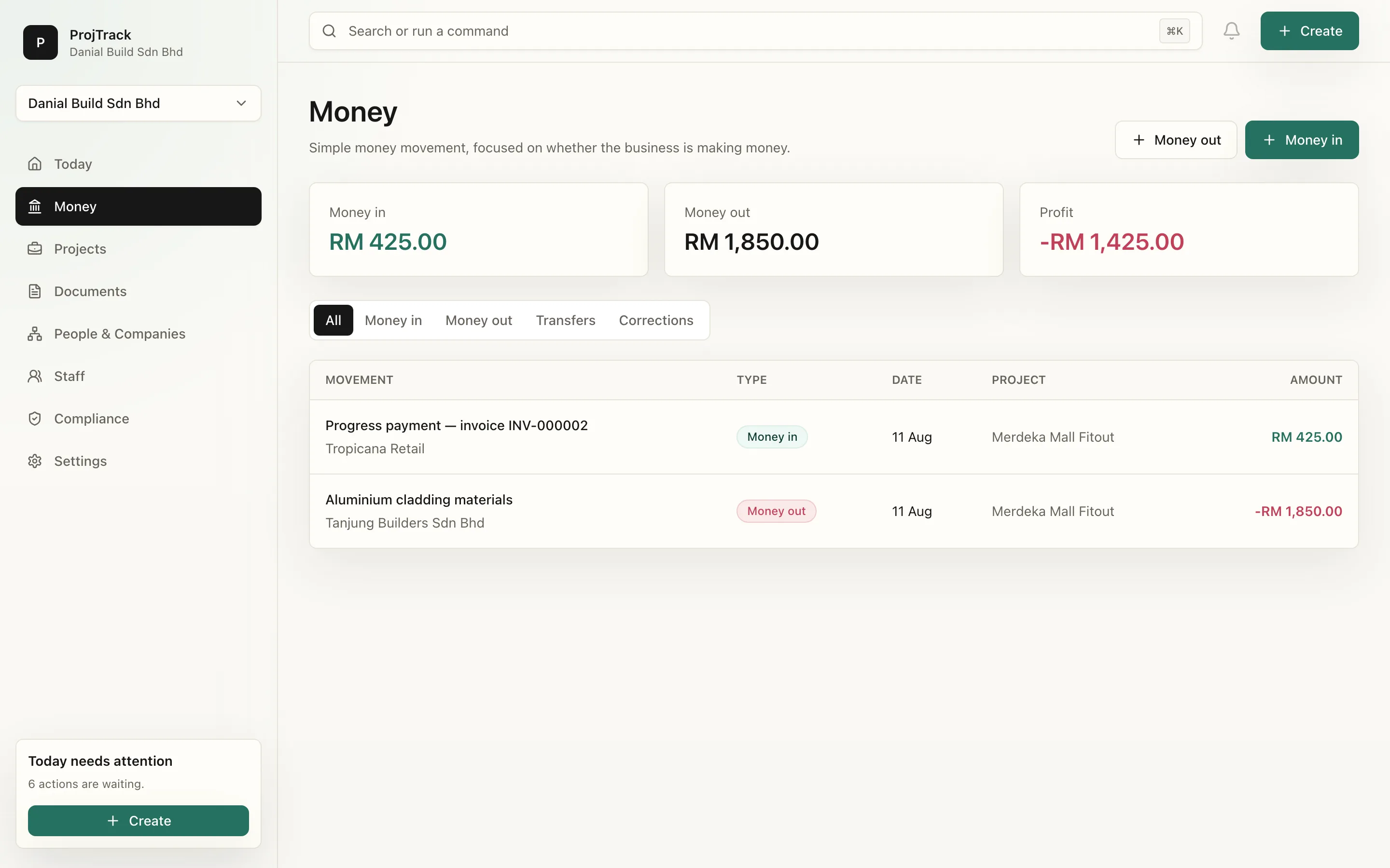 The Money page in ProjTrack: money in, money out and net, with the ledger entries tied to the Merdeka Mall Fitout project