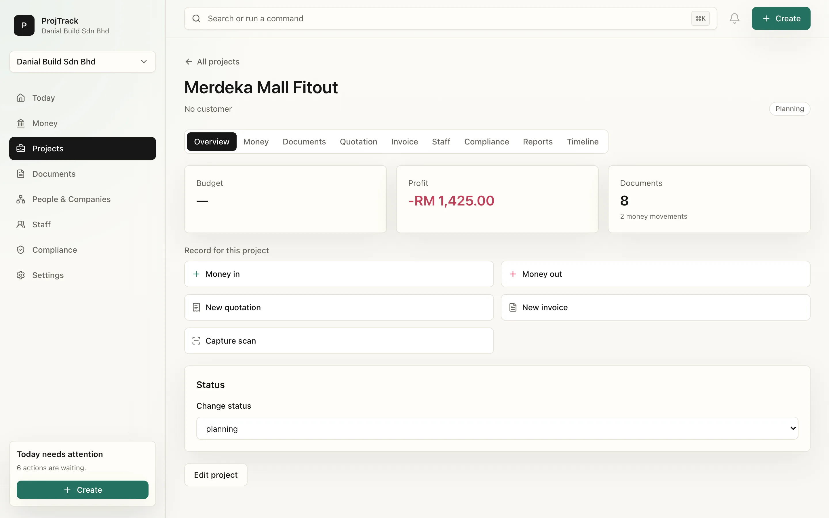 The Merdeka Mall Fitout project dashboard in ProjTrack
